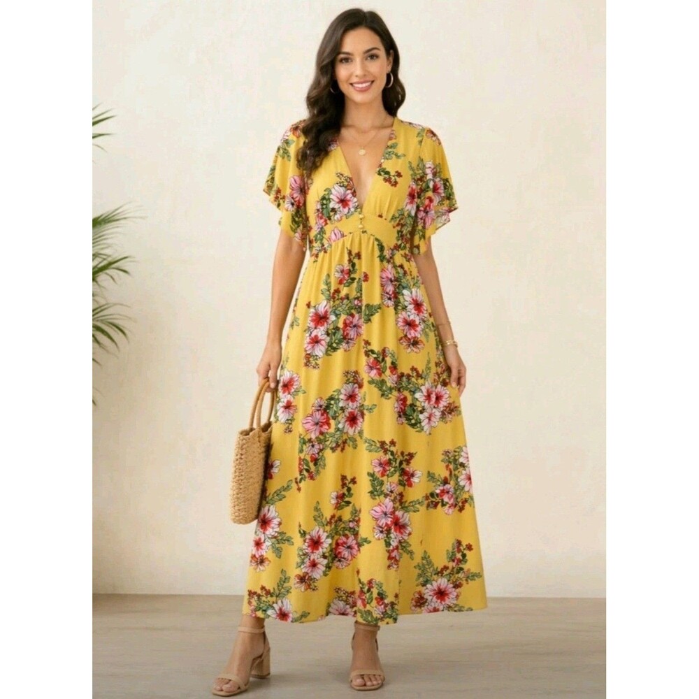 Bailey Blue Floral Maxi Dress Mustard Yellow Flutter Sleeve Boho V-Neck Size M